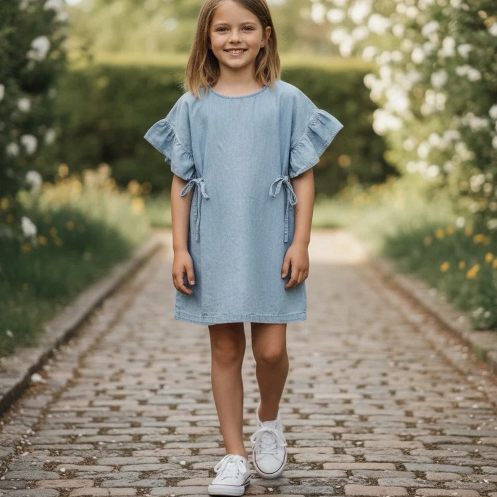 Gymboree 2018 Girls Soft Blue Chambray Dress Ruffle Sleeves Size L 10-12 EUC
